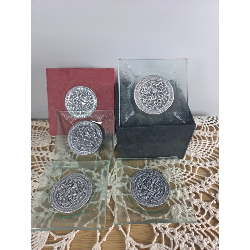 Vintage Glass Coaster Set of 4 with Pewter Bird Floral Medallions and Gift Box
